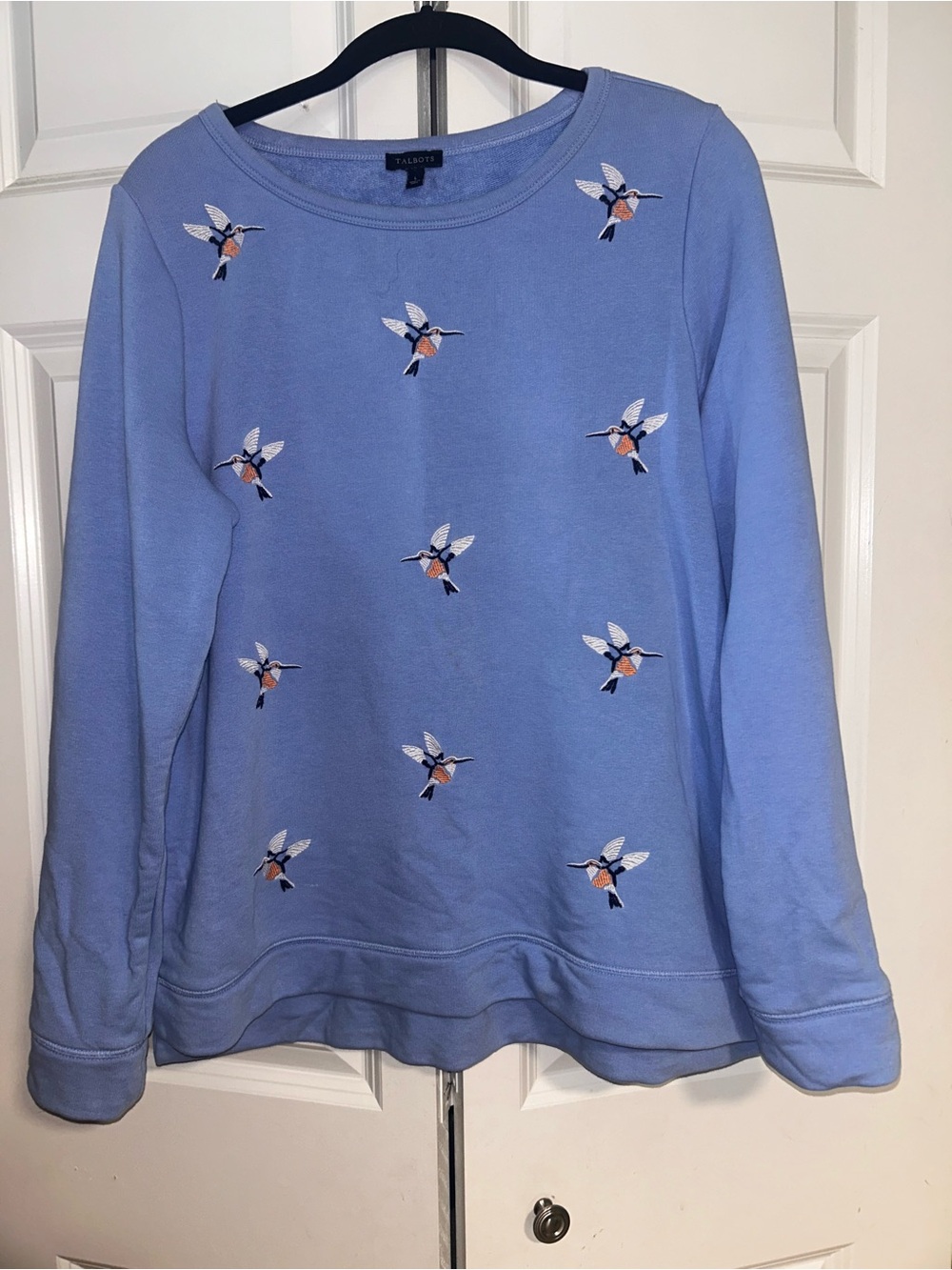 Talbots Periwinkle Pullover Sweatshirt with Hummingbird Embroidery